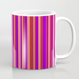 [ Thumbnail: Dark Violet, Salmon & Red Colored Stripes/Lines Pattern Coffee Mug ]