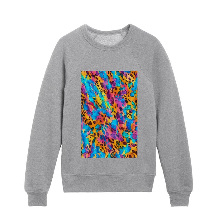 Leopard Tiger Skin Colorful Textile Watercolor Pattern Kids Crewneck