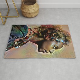Young black woman with curled hair decorated with a ribbon - photo illustration artwork Rug