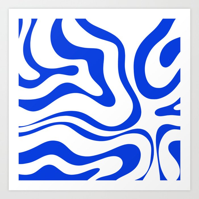 Retro Modern Liquid Swirl Abstract Pattern in Royal Blue and White Art Print