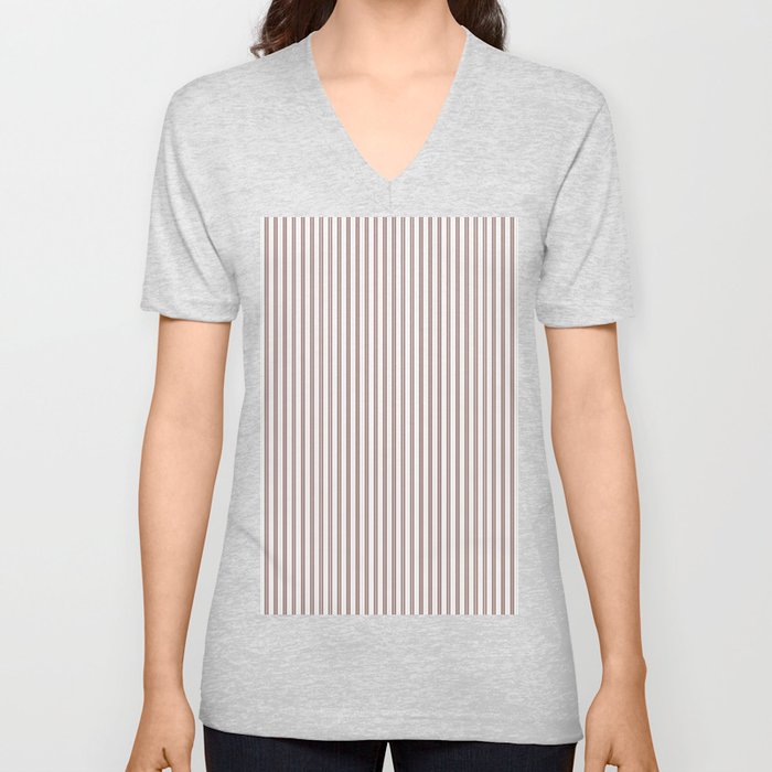 Branch Brown and White Micro Vertical Vintage English Country Cottage Ticking Stripe V Neck T Shirt