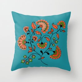 Boho whimsical Indian flowers teal orange Throw Pillow