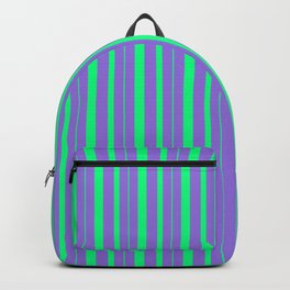 [ Thumbnail: Purple and Green Colored Stripes Pattern Backpack ]