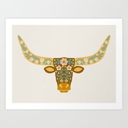 Floral Longhorn - Yellow and Blue Art Print