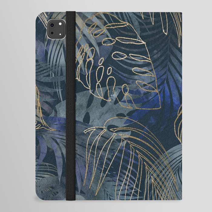 Mystic Jungle Monstera And Palm Leaves Blue And Gold iPad Folio Case