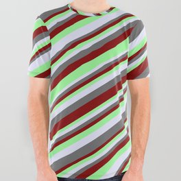 [ Thumbnail: Maroon, Green, Lavender, and Dim Gray Colored Lined Pattern All Over Graphic Tee ]