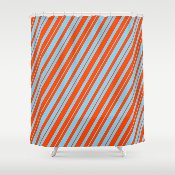 Sky Blue and Red Colored Lined Pattern Shower Curtain