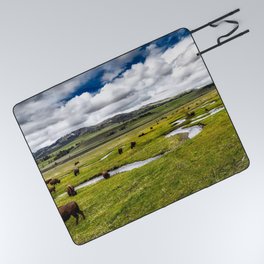 Yellowstone, Home on the range, American buffalo / bison grazing in spring fields of green river prairie landscape color photograph / photography Picnic Blanket
