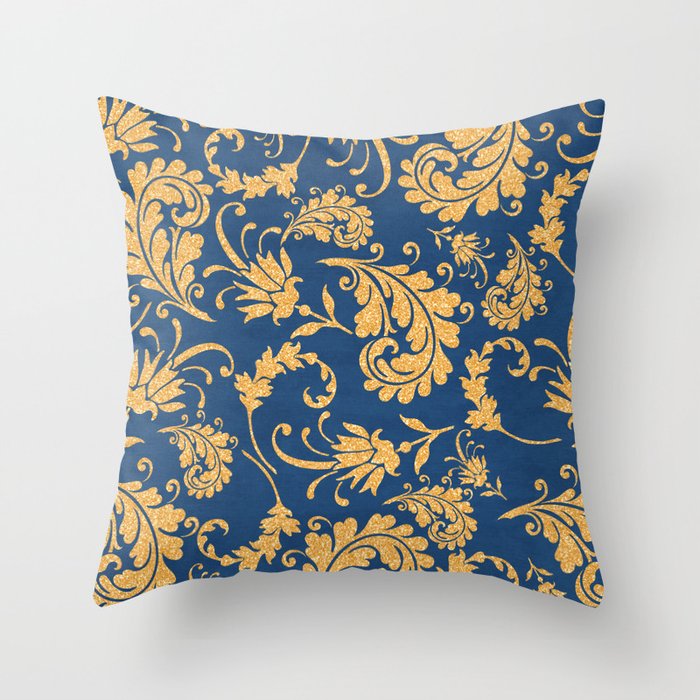 Gold on Blue Pattern Throw Pillow