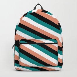 [ Thumbnail: Dark Salmon, Black, Dark Cyan, and White Colored Lines/Stripes Pattern Backpack ]