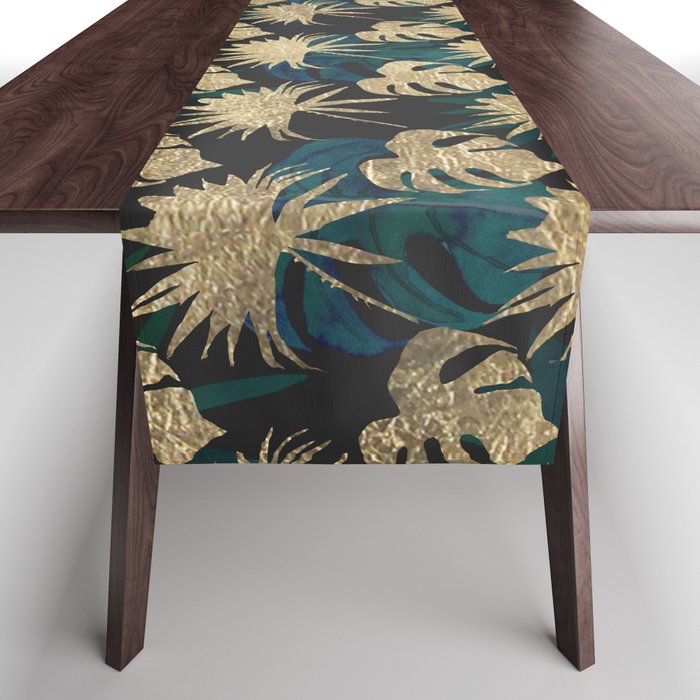 Tropical green blue gold watercolor monstera foliage Table Runner