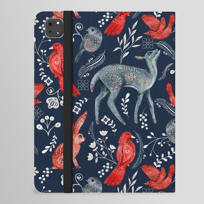 Wild Animal Deer, bird and rabbit Folk Pattern iPad Folio Case