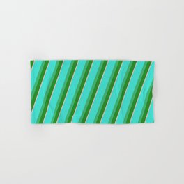 [ Thumbnail: Turquoise, Sea Green, Forest Green, and Light Pink Colored Pattern of Stripes Hand & Bath Towel ]