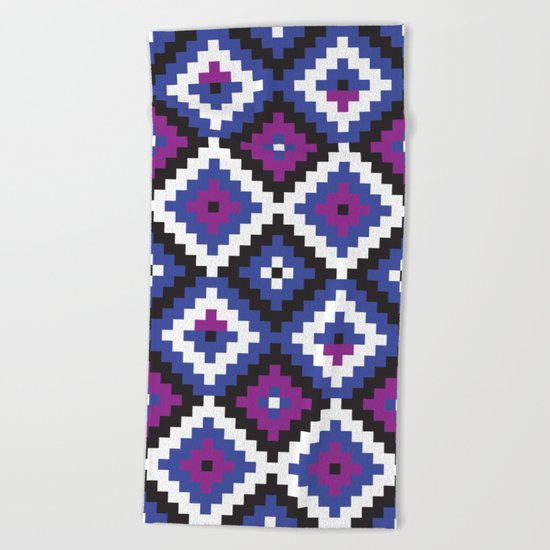 Aztec pattern - blue, purple, black, white Beach Towel