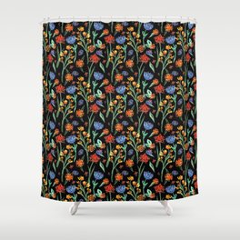 Red, blue and orange flower collection black background Shower Curtain
