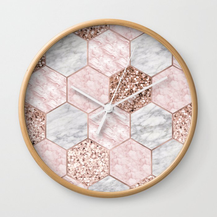 Rose gold dreaming - marble hexagons Wall Clock
