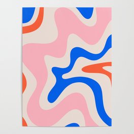Retro Liquid Swirl Abstract Pattern Square Pink, Orange, and Royal Blue Poster