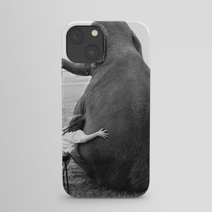 Odd Best Friends, Sweet Little Girl hugging elephant black and white photograph iPhone Case