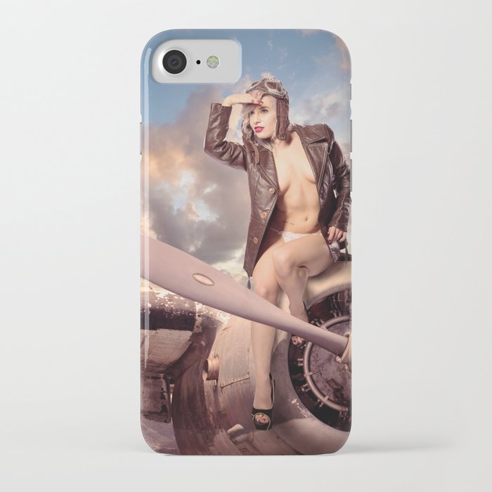 "Captain Felix" - The Playful Pinup - Bomber Jacket Pin-up Girl by Maxwell H. Johnson iPhone Case