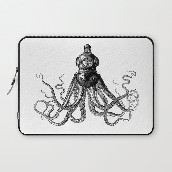 Octopus in Diving Helmet | Deep Sea Divers Helmet | Vintage Octopus | Tentacles | Black and White | Laptop Sleeve
