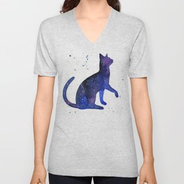 Galaxy Cat Watercolor V Neck T Shirt