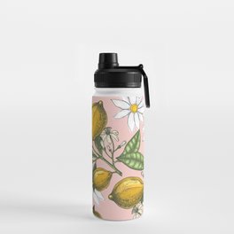 Lemons and Blooms on Pink Background Pattern Design Water Bottle
