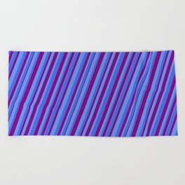 [ Thumbnail: Cornflower Blue, Royal Blue & Purple Colored Pattern of Stripes Beach Towel ]