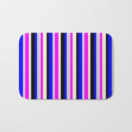 [ Thumbnail: Colorful Light Grey, Blue, Black, Beige, and Fuchsia Colored Stripes Pattern Bath Mat ]