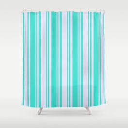 [ Thumbnail: Lavender & Turquoise Colored Pattern of Stripes Shower Curtain ]