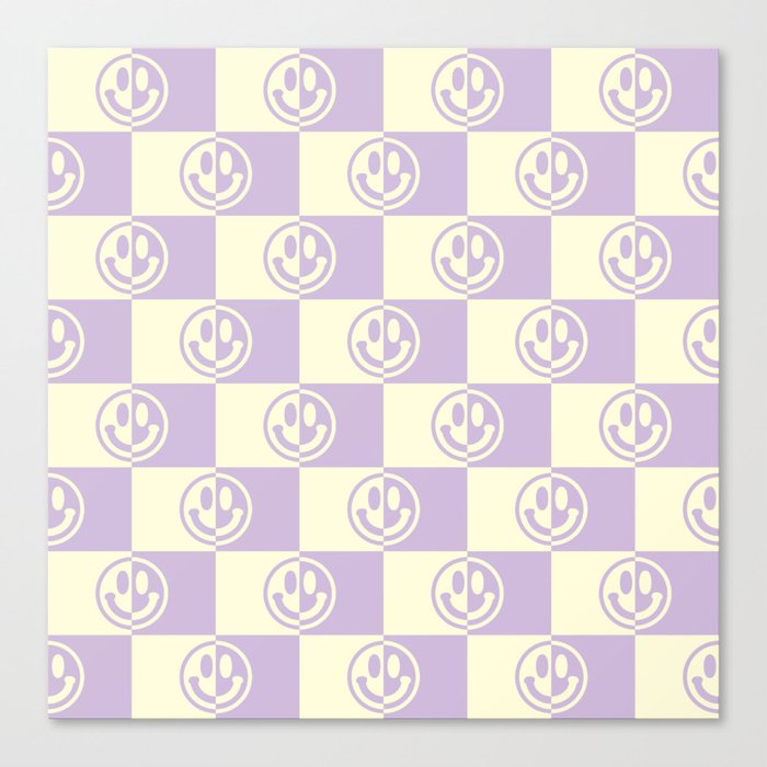 Smiley Faces On Checkerboard (Yellow Beige & Lilac)  Canvas Print