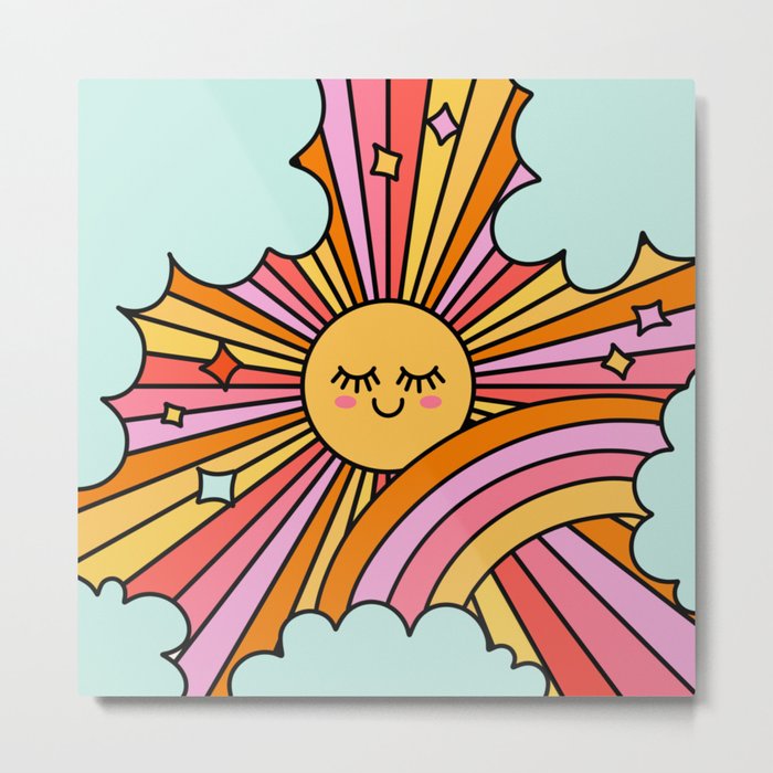 Cute Smiling Sun Retro Groovy 70s Pink Yellow Metal Print