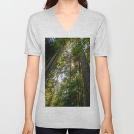 Light shining through the forest canopy of evergreen conifer trees in summer V Neck T Shirt