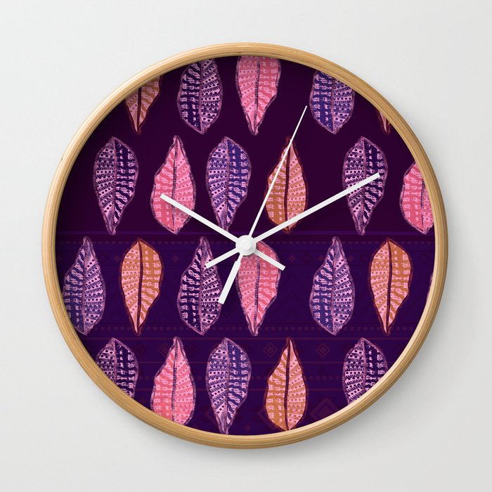  Polynesian Purple Tropical Leaves Pattern Wall Clock