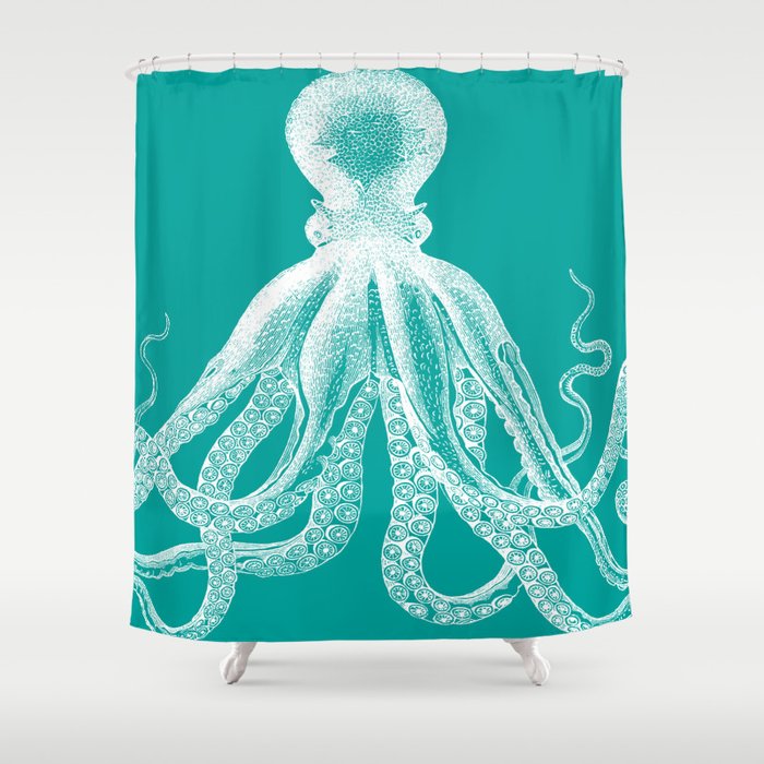 Octopus | Vintage Octopus | Tentacles | Teal Green and White | Shower Curtain