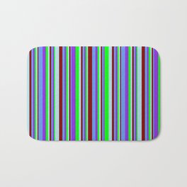[ Thumbnail: Vibrant Maroon, Powder Blue, Lime, Purple & Cornflower Blue Colored Striped Pattern Bath Mat ]