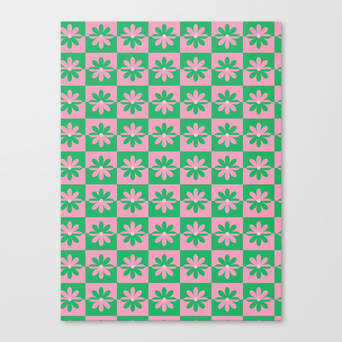 Retro Floral Pattern - Green Pink Canvas Print