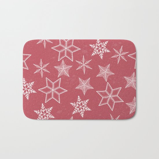 Snowflakes On Pastel Red Background Bath Mat