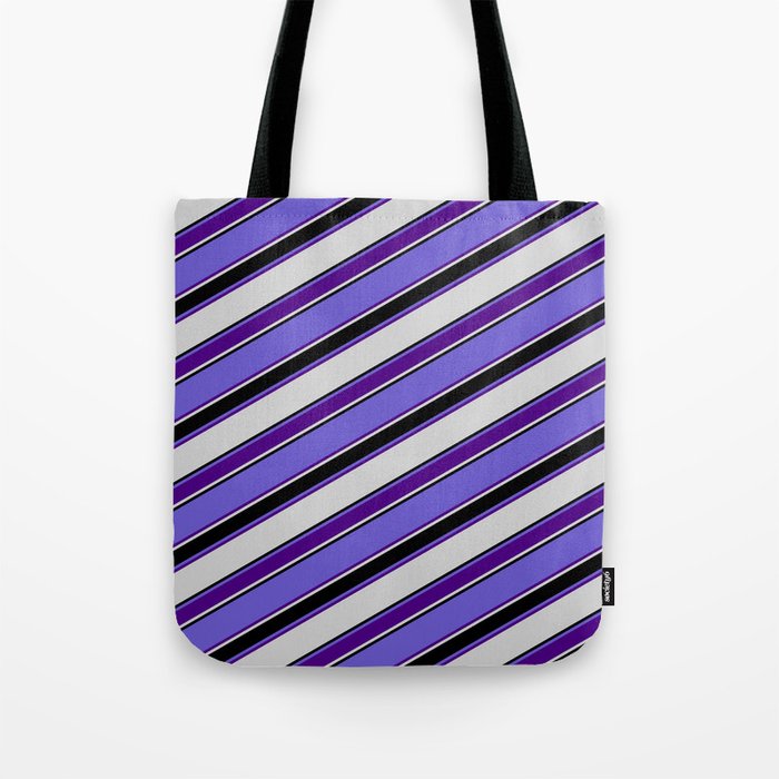 Slate Blue, Indigo, Light Grey, and Black Colored Lined Pattern Tote Bag