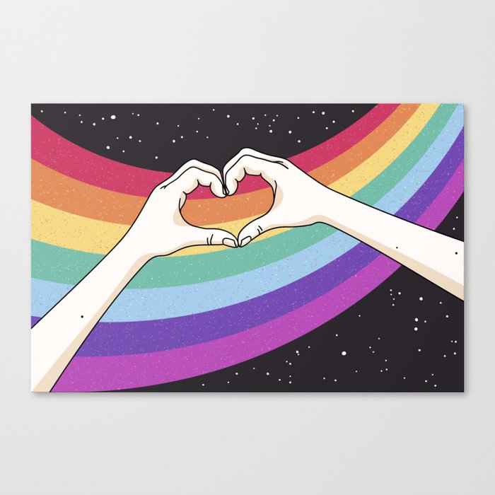 Love's Cosmic Embrace: Hands, Heart, Reaching the Hearts of Rainbow Space Stars in Galactic Radiance Canvas Print