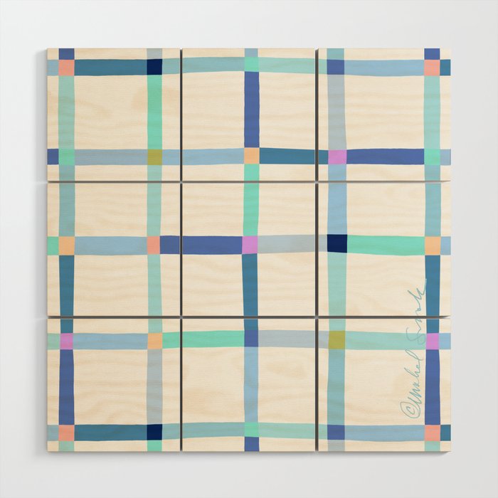 Blue Grid Minimal Pattern Wood Wall Art
