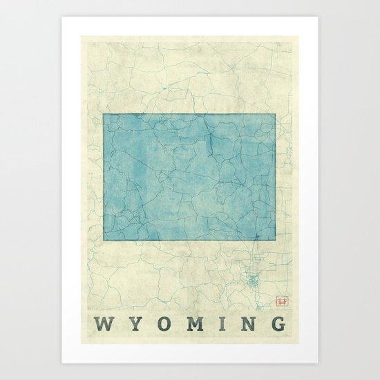 Wyoming State Map Blue Vintage Art Print