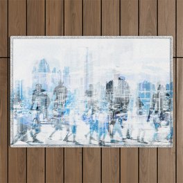 people in the city concept - abstract city skyline and people on street double exposure   Outdoor Rug