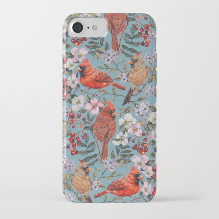 Cardinals with flowers and berries - blue iPhone Case
