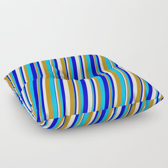 Beige, Dark Goldenrod, Deep Sky Blue & Blue Colored Stripes Pattern Floor Pillow