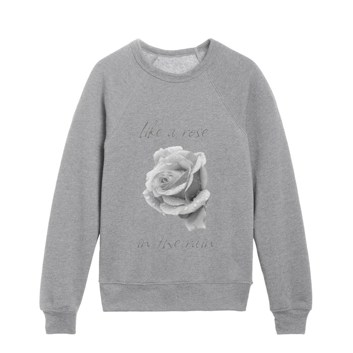 Monochromatic Romantic white rose in the rain Kids Crewneck