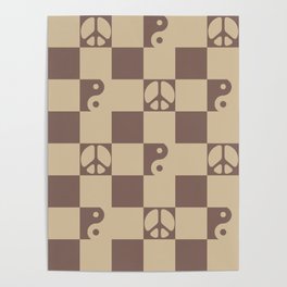 Checkered Peace Symbol & Yin Yang Pattern \\ Cocoa Mocha Color Palette Poster