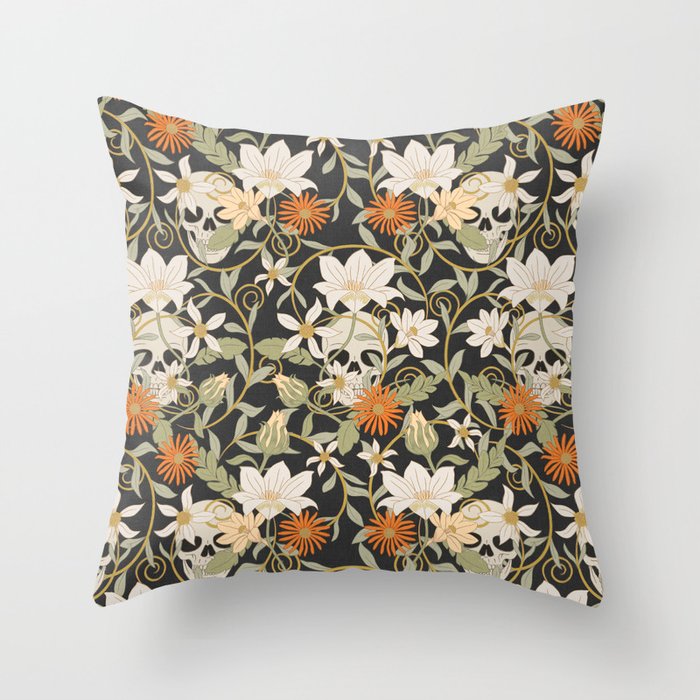 floral skulls - gray and orange Throw Pillow