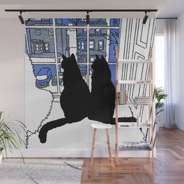 Window Cats At Dusk Silhouette Blue Wall Mural