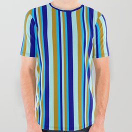 [ Thumbnail: Deep Sky Blue, Dark Goldenrod, Turquoise & Dark Blue Colored Striped/Lined Pattern All Over Graphic Tee ]
