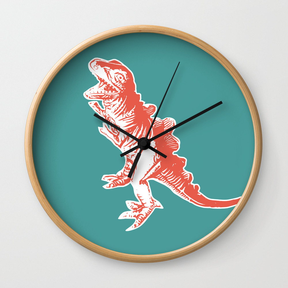 Dino Pop Art T Rex Teal Dark Orange Wall Clock
